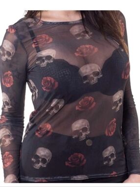 Lethal Angel Black Sheer Mesh Skulls And Roses Long Sleeve Top XL